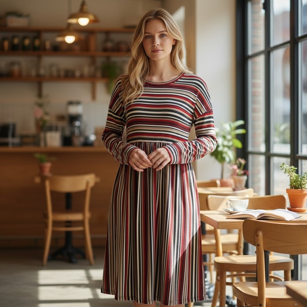 Suzanne Betro Striped Long Sleeve‎ Fit Flare Dress Women Size M Red Black Tan
